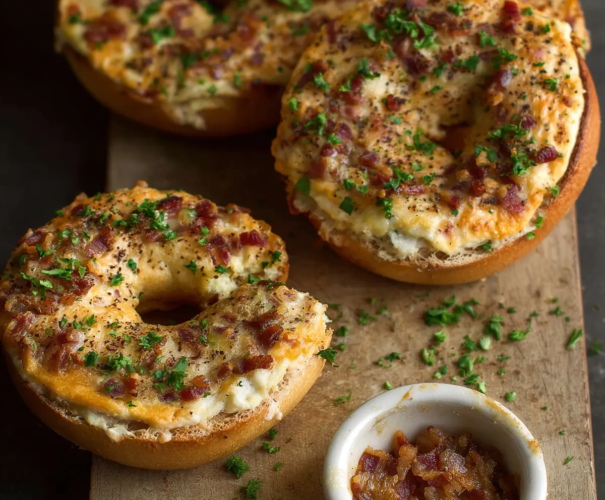 Golden-brown savory quiche stuffed bagels with melted cheese and herbs inside.