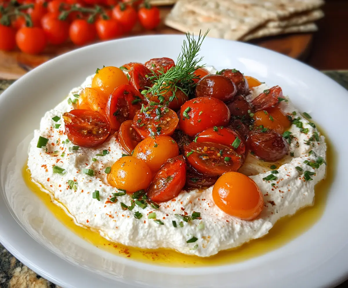 Creamy whipped cottage cheese topped with fresh cherry tomatoes on a rustic plate, ideal for a savory snack or breakfast.