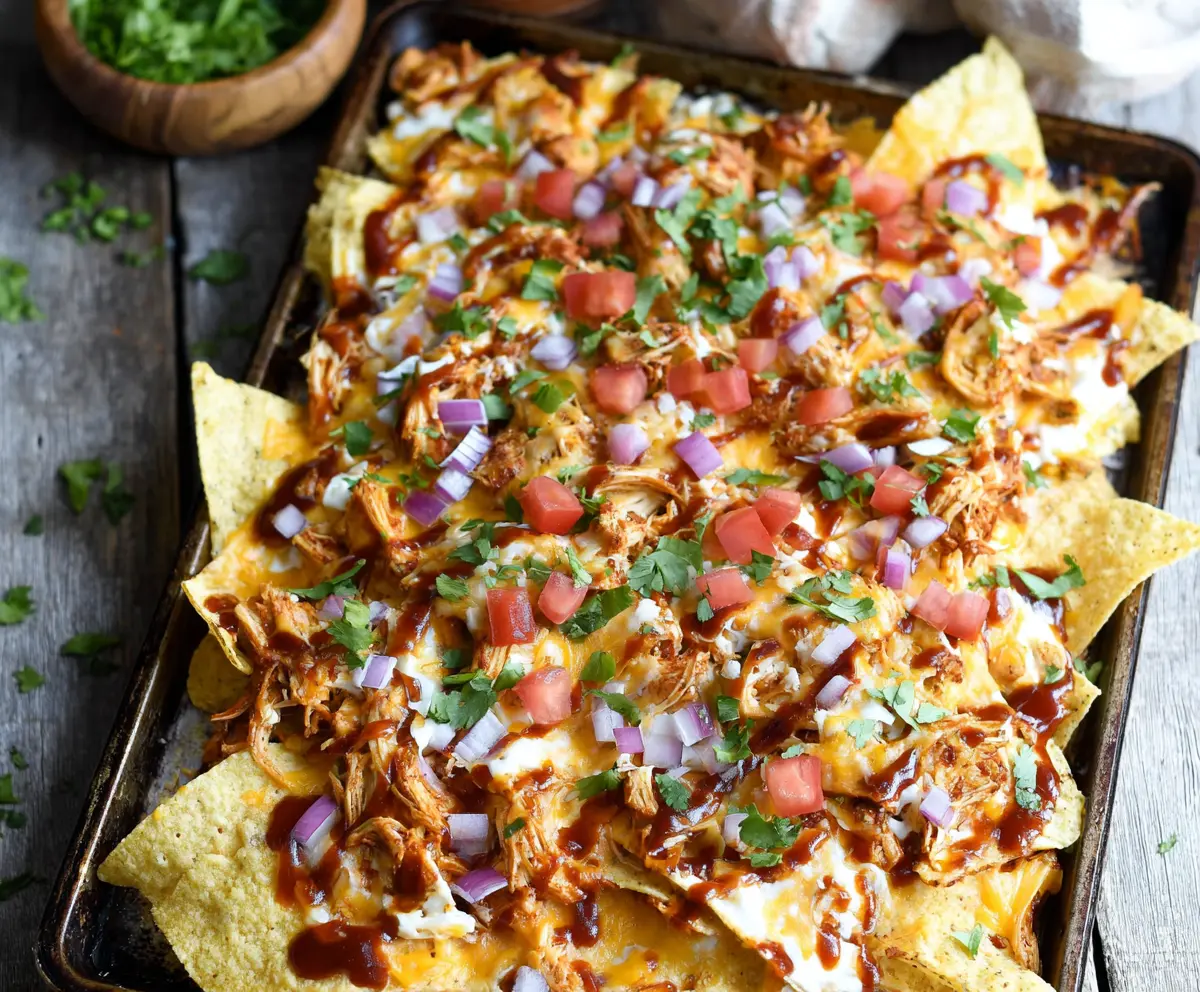 Delicious sheet pan BBQ chicken nachos topped with melted cheese, fresh cilantro, and green onions.