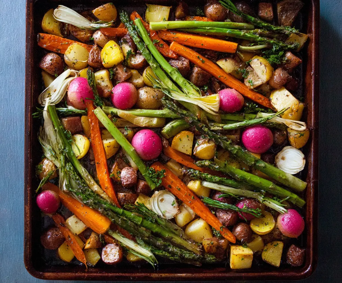 Colorful sheet pan spring vegetables roasted with fresh carrots, asparagus, and radishes for a healthy dinner.
