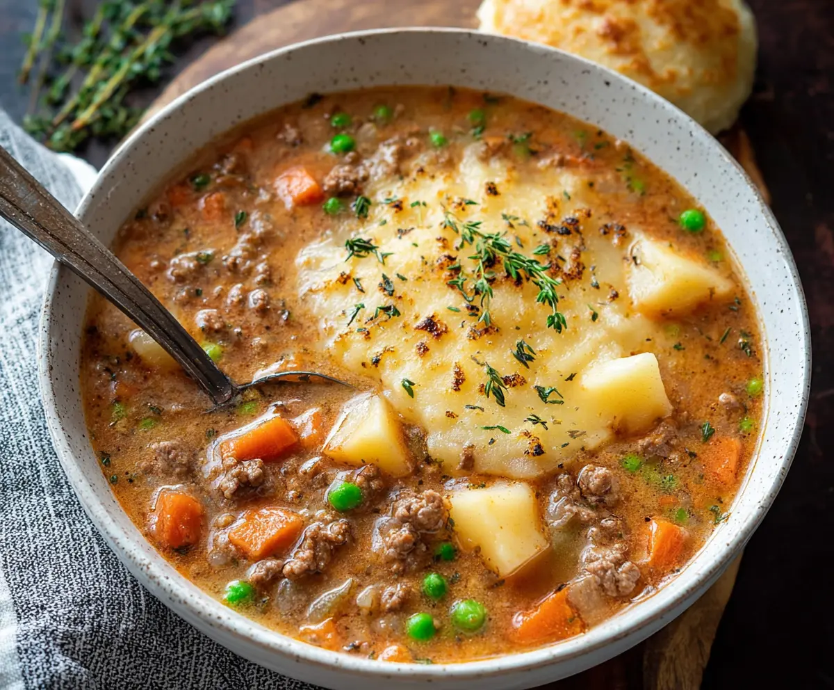 Hearty Shepherd's Pie Soup in a bowl with mashed potatoes, ground meat, and vegetables.