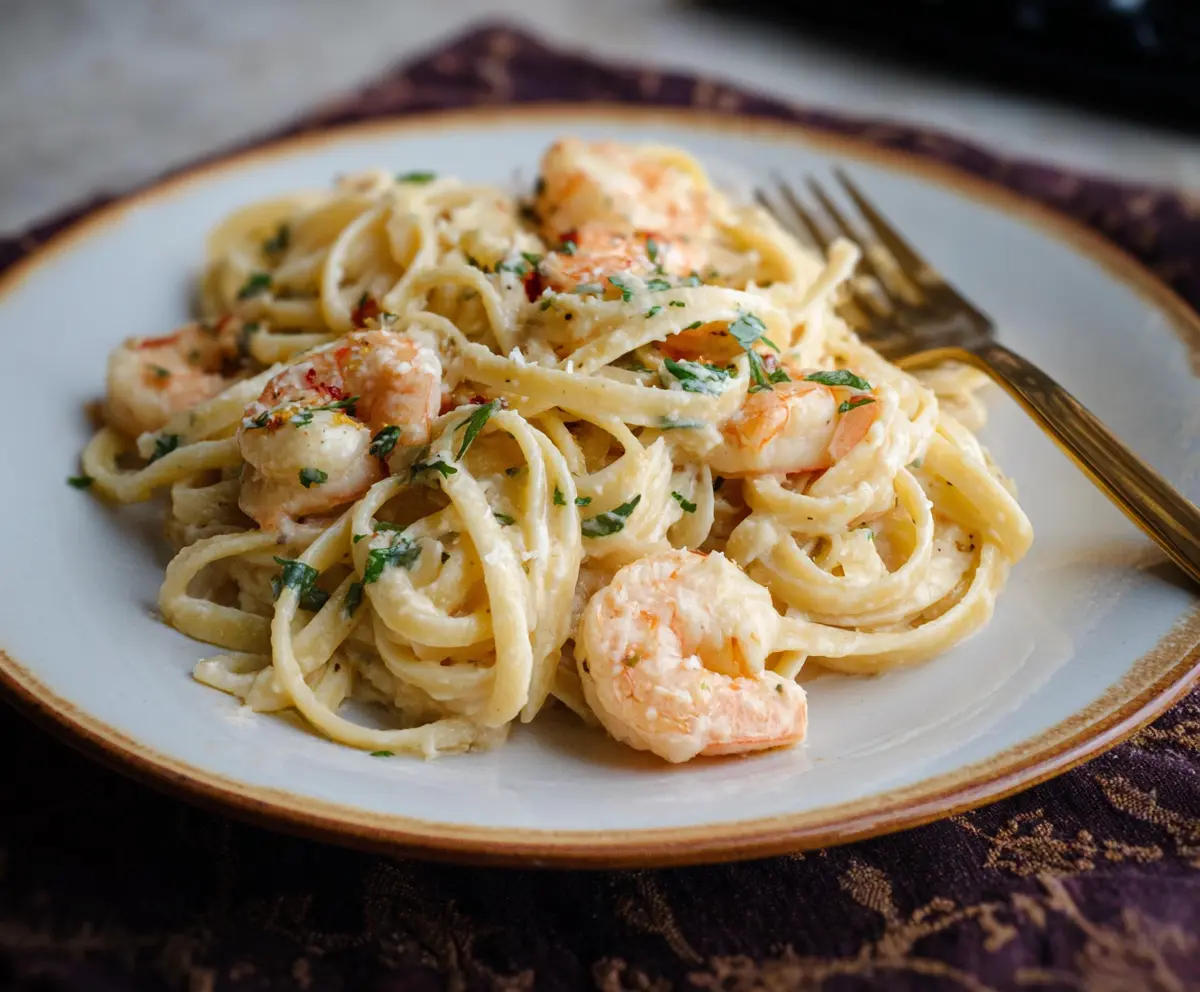 Creamy Shrimp Alfredo Linguine served with fresh herbs on a white plate.