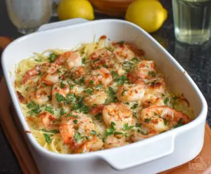 Delicious Shrimp Scampi Bake with melted cheese and fresh herbs served in a baking dish.
