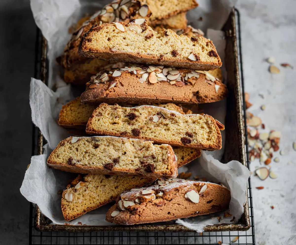 Delicious sourdough discard toasted almond biscotti on a plate, perfect for coffee dunking.
