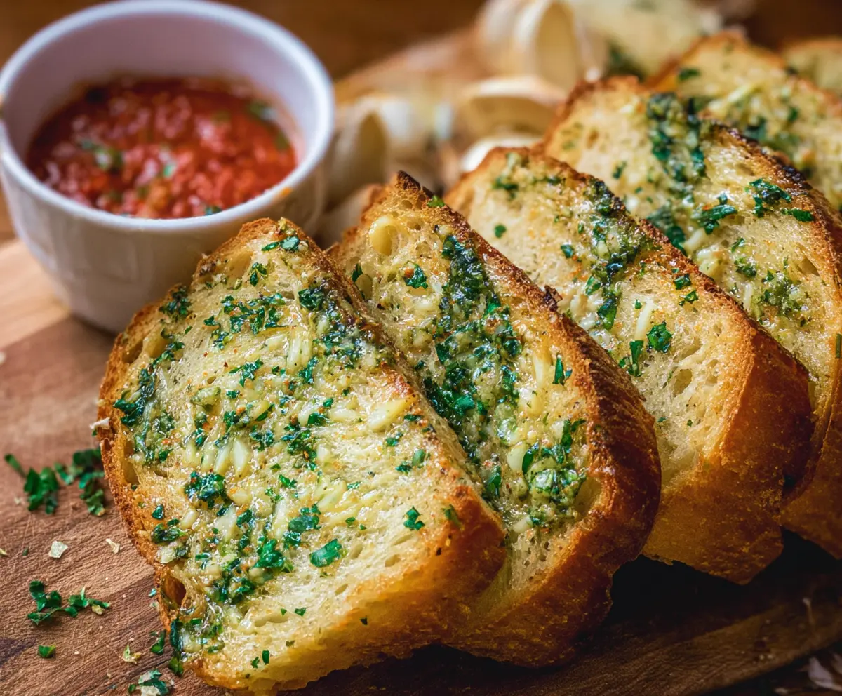 Golden, crispy sourdough garlic bread slices topped with melting butter and fresh herbs.