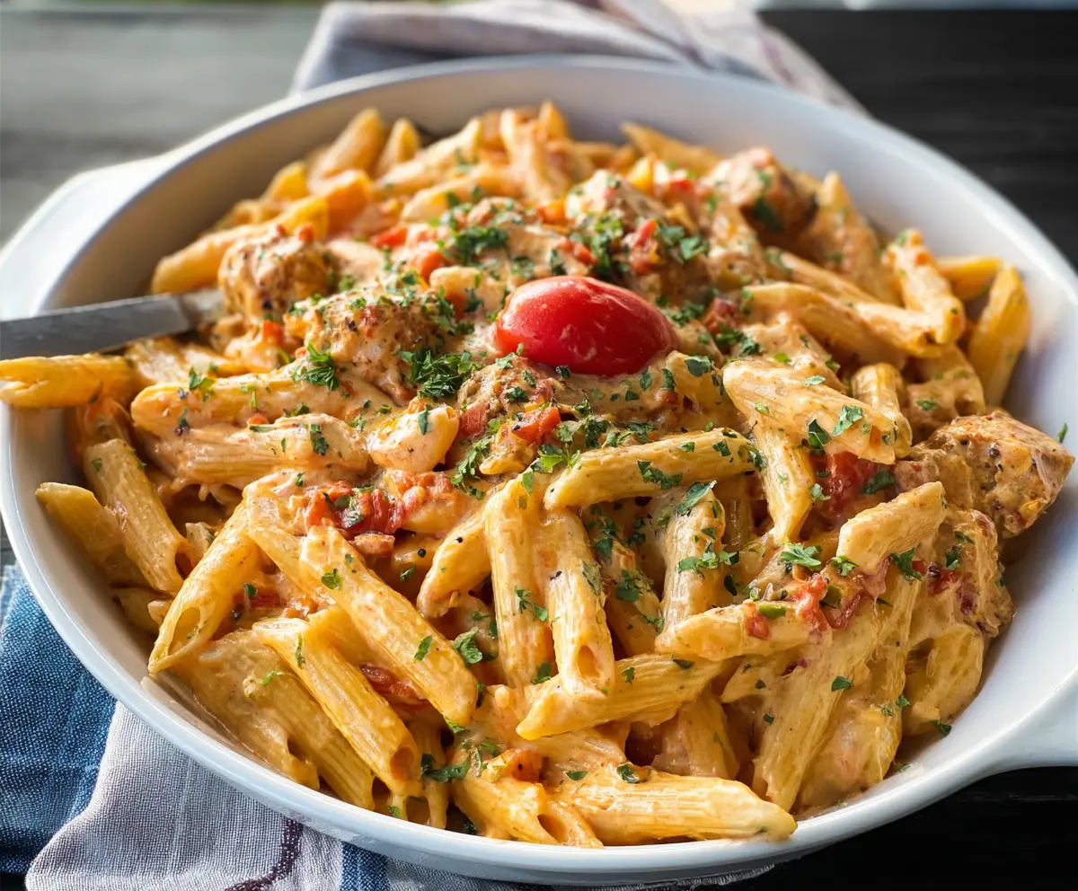 Creamy Southwest Alfredo Penne Pasta with spicy peppers and melted cheese in a bowl.