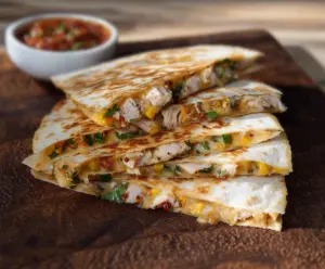 Delicious Southwest Chicken Quesadillas with melted cheese, spicy chicken, and fresh vegetables.