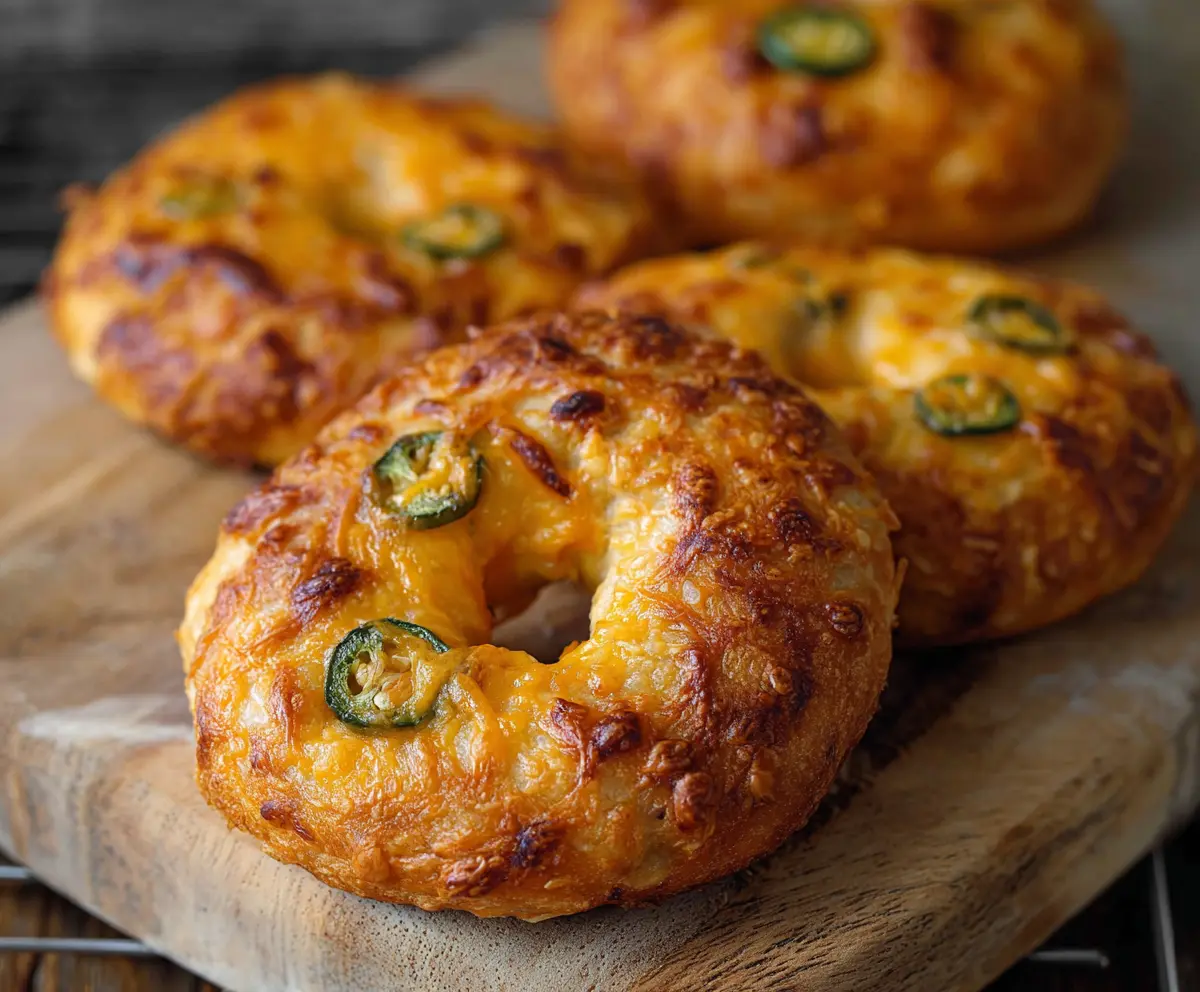 Delicious spicy jalapeño cheddar bagels fresh out of the oven, showcasing a golden crust and gooey cheese topping.