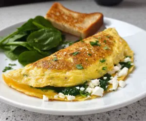 Delicious spinach and feta cheese omelet garnished with fresh herbs, perfect for breakfast or brunch.