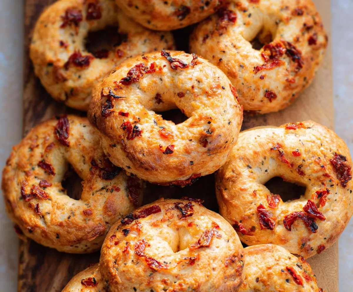 Delicious Sun-Dried Tomato Sourdough Bagels on a wooden board, showcasing a golden-brown crust and vibrant tomato bits inside.