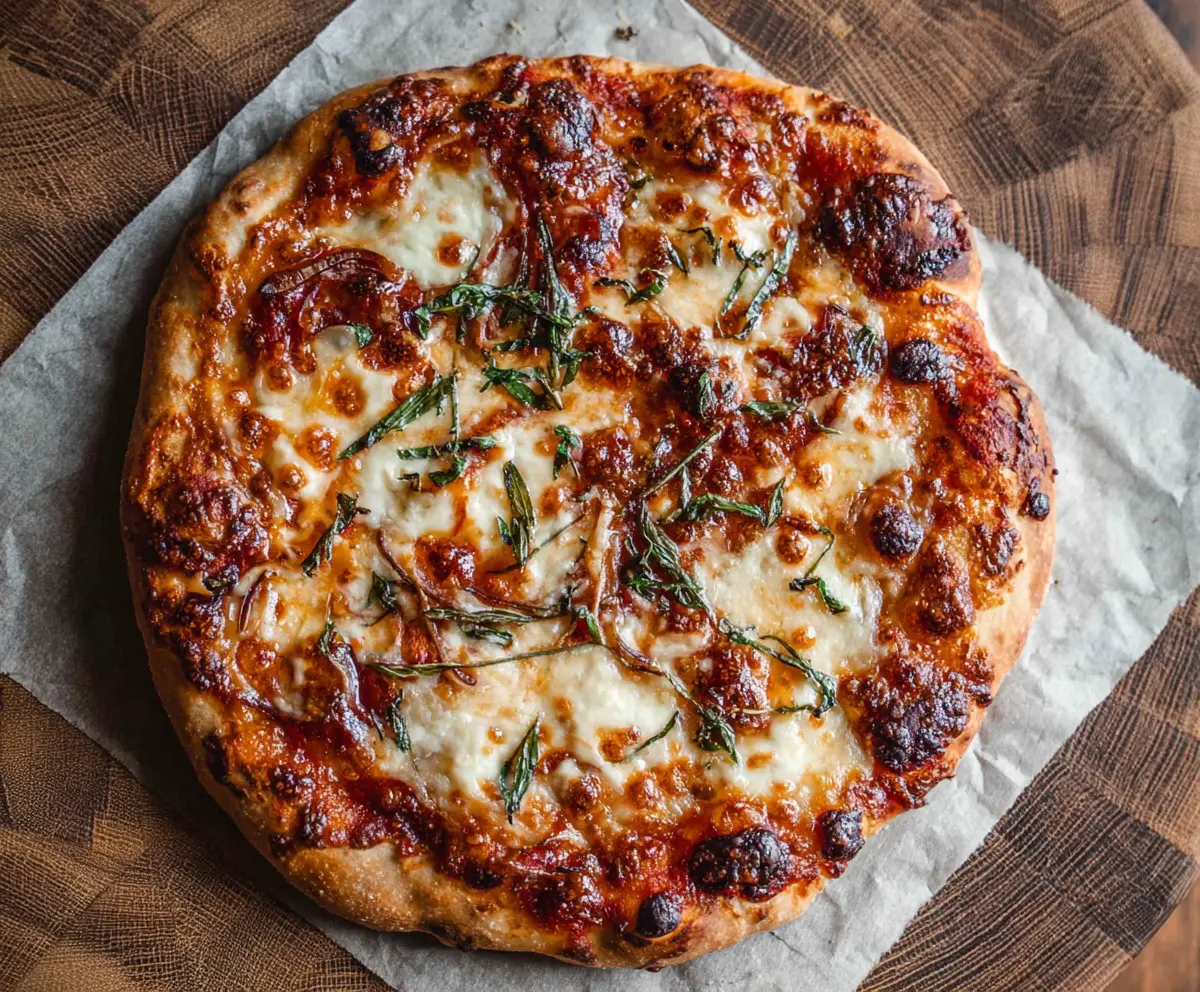 Delicious homemade sourdough pizza crust fresh out of the oven.