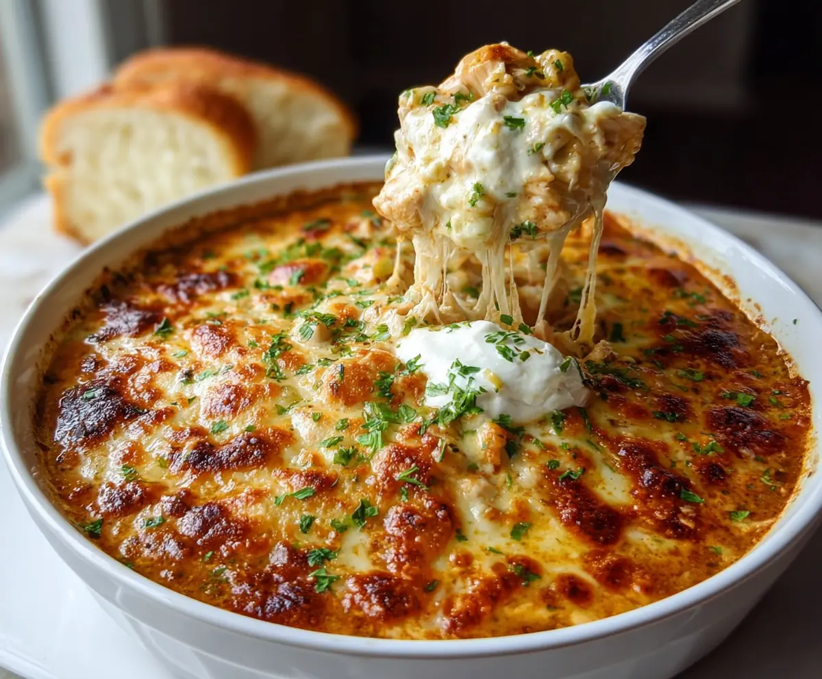 Creamy White Chicken Chili Cottage Cheese Winter Bake served in a ceramic dish with fresh herbs.