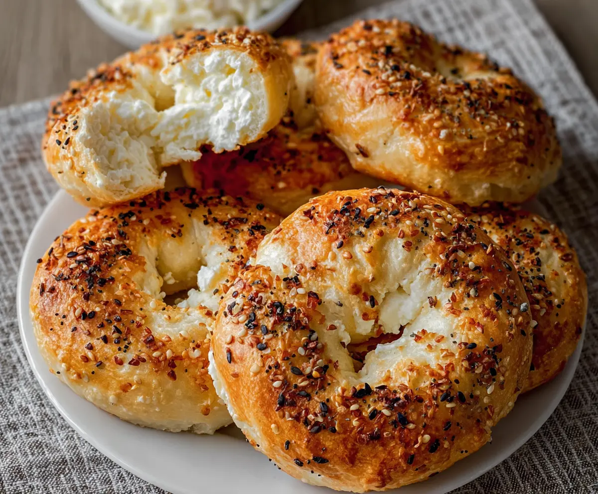 Delicious 3 ingredient air fryer cottage cheese bagels on a plate, showcasing their golden crust and soft interior.
