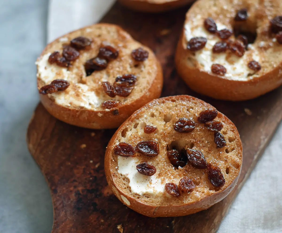 Delicious 5-ingredient Cinnamon Raisin Greek Yogurt Bagels on a plate, showcasing a healthy breakfast option.
