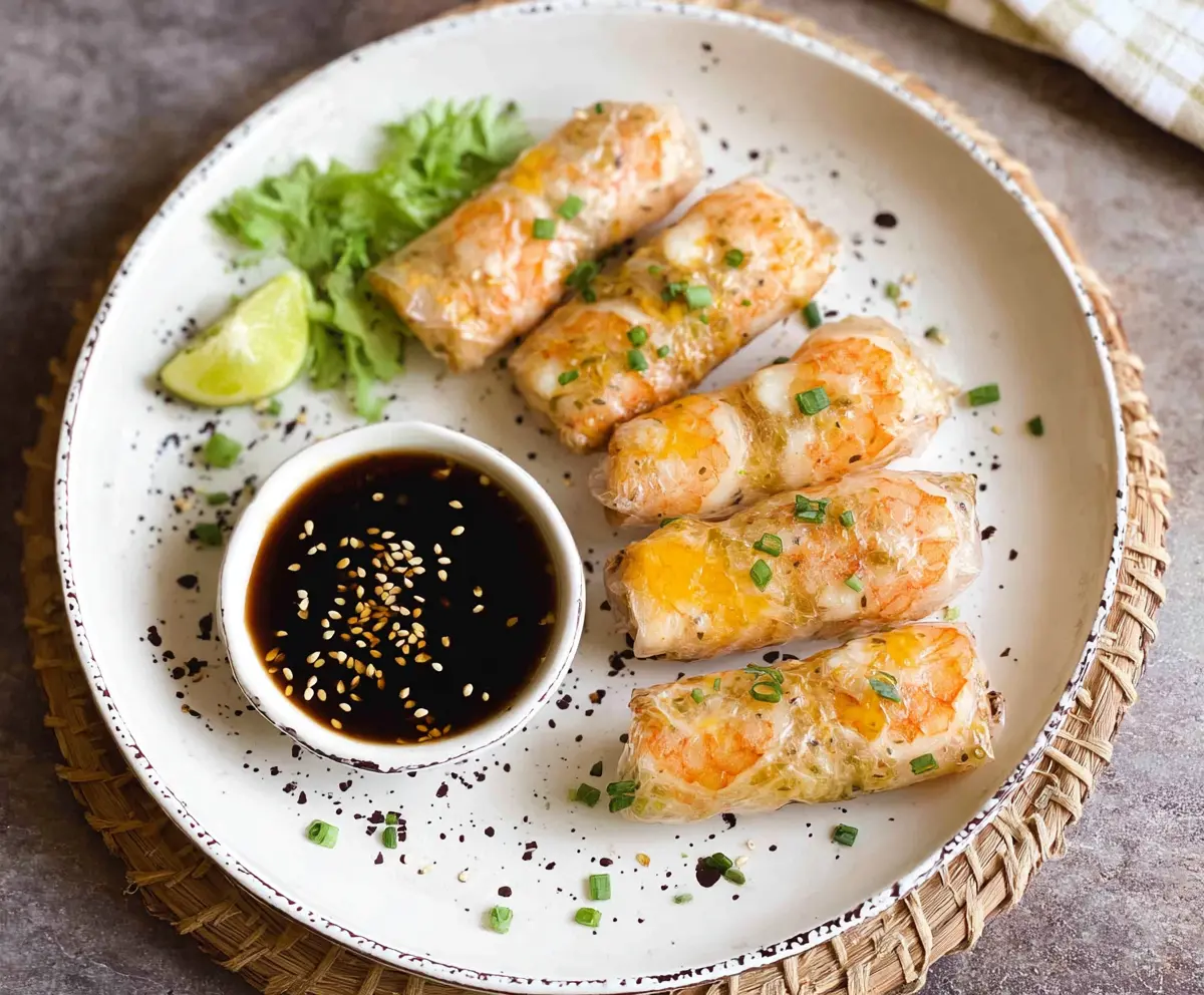 Crispy Air Fryer Rice Paper Rolls filled with fresh vegetables and herbs, served with dipping sauce.
