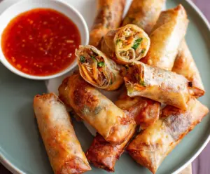 Crispy air fryer spring rolls with fresh vegetables on a plate