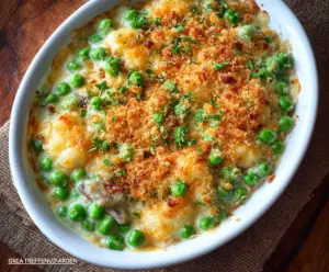 Delicious Au Gratin Creamed Peas served in a rustic dish, topped with melted cheese and herbs.