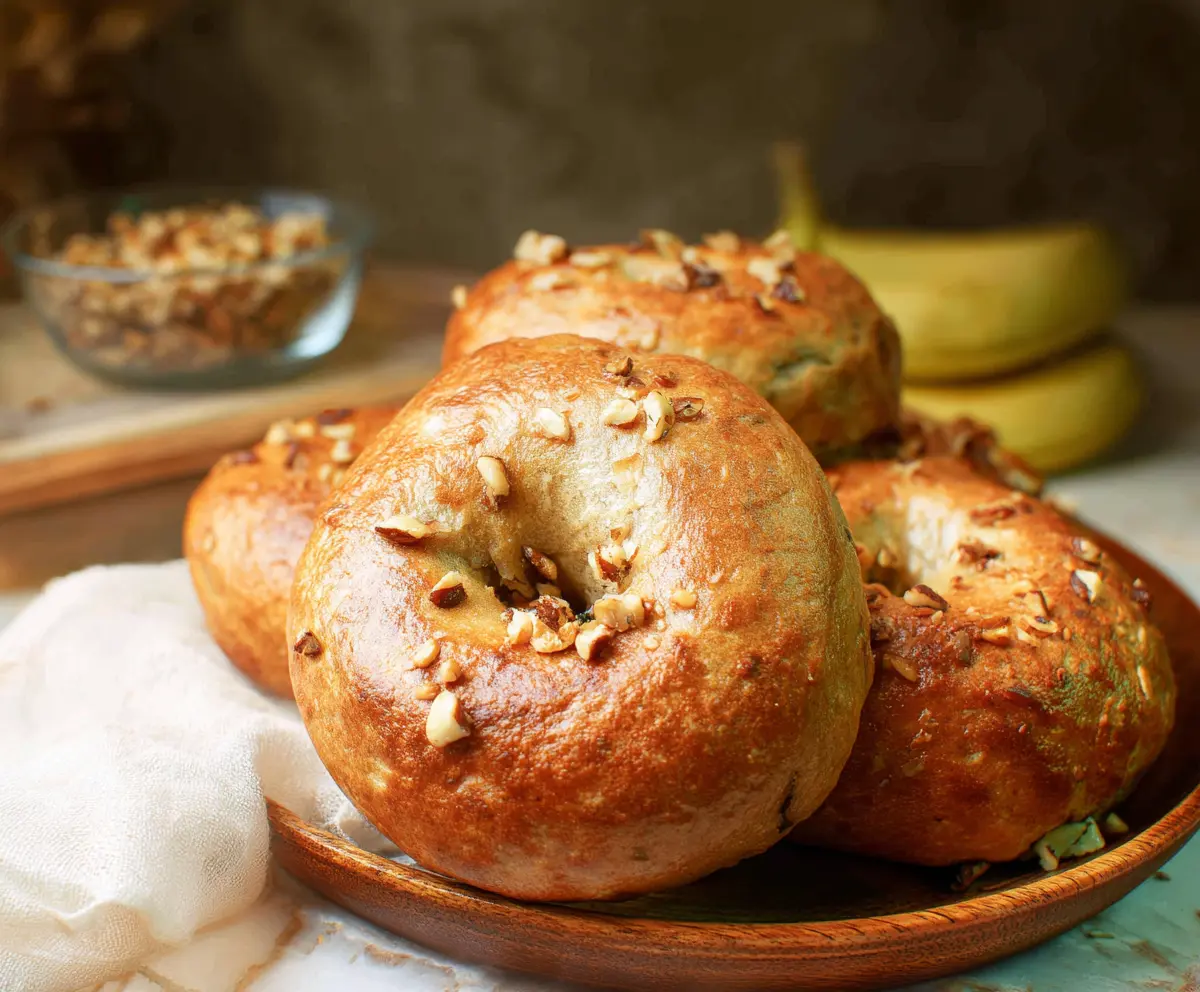 Delicious homemade banana nut bagels with banana slices and chopped nuts on top.