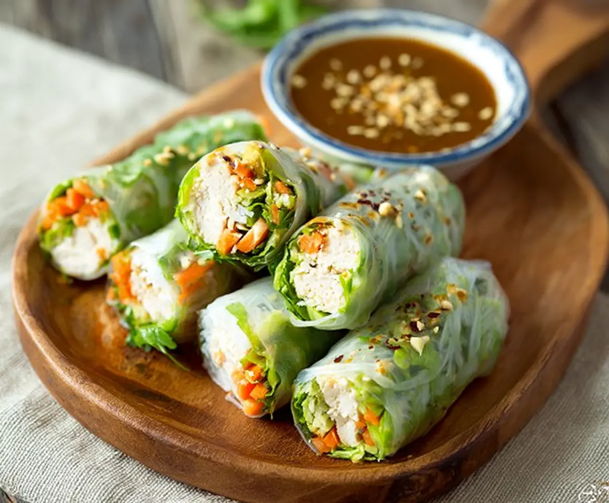 Delicious Bang Bang Chicken Rice Paper Rolls with fresh herbs and crisp vegetables