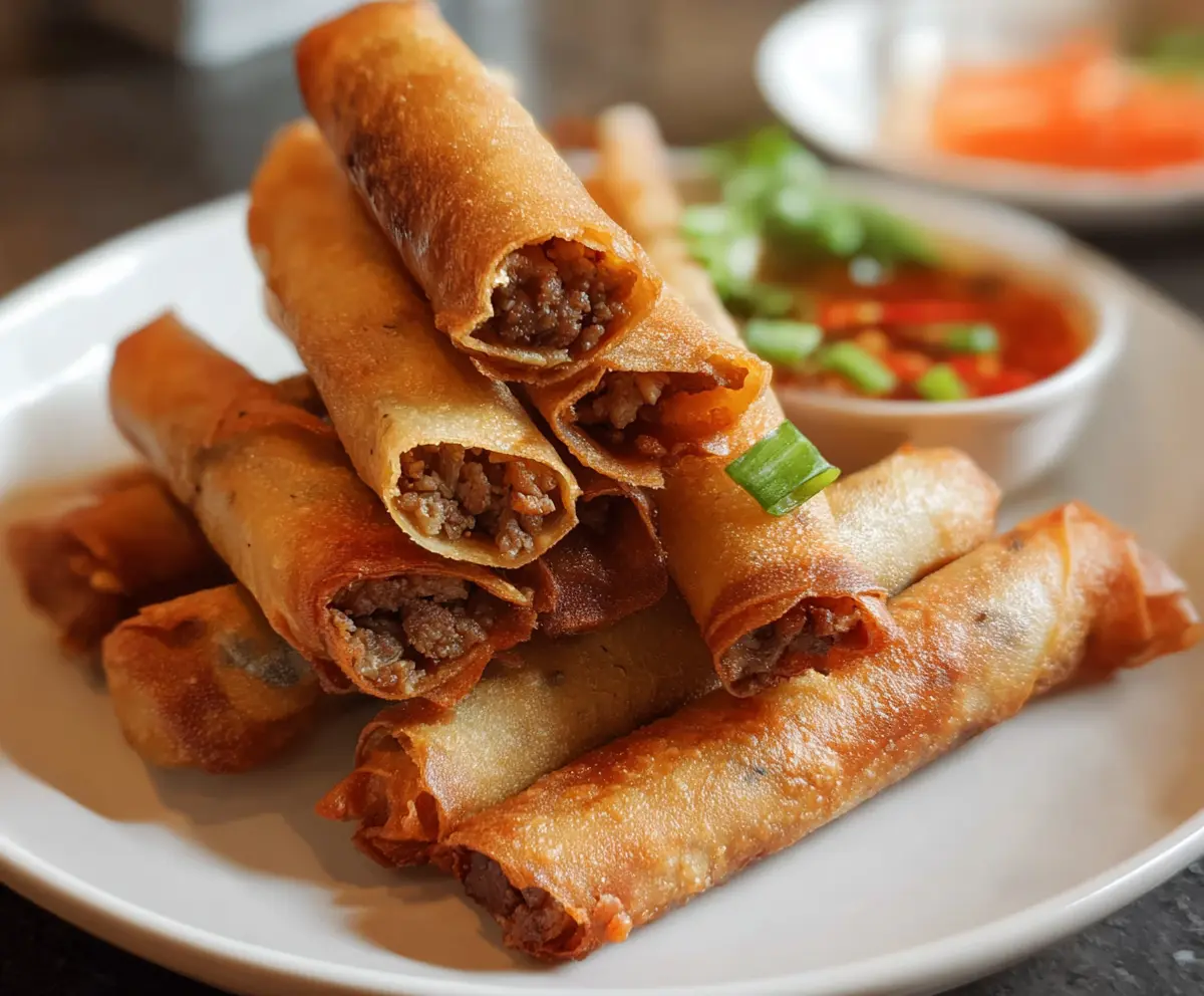 Crispy beef lumpia served with dipping sauce on a plate, Filipino appetizer.