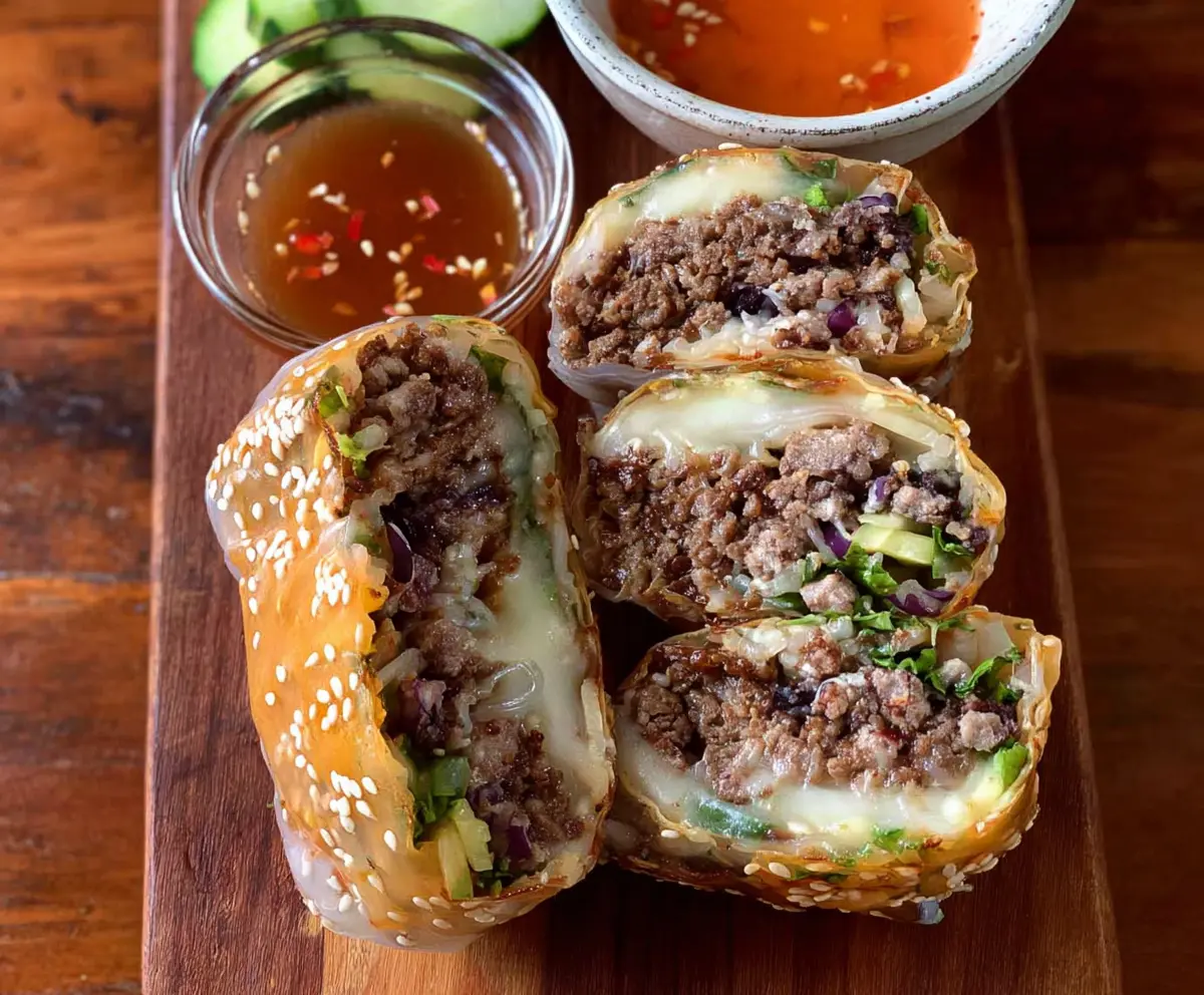 Delicious Big Mac Rice Paper Rolls with lettuce, cheese, and beef in crispy rice paper wraps