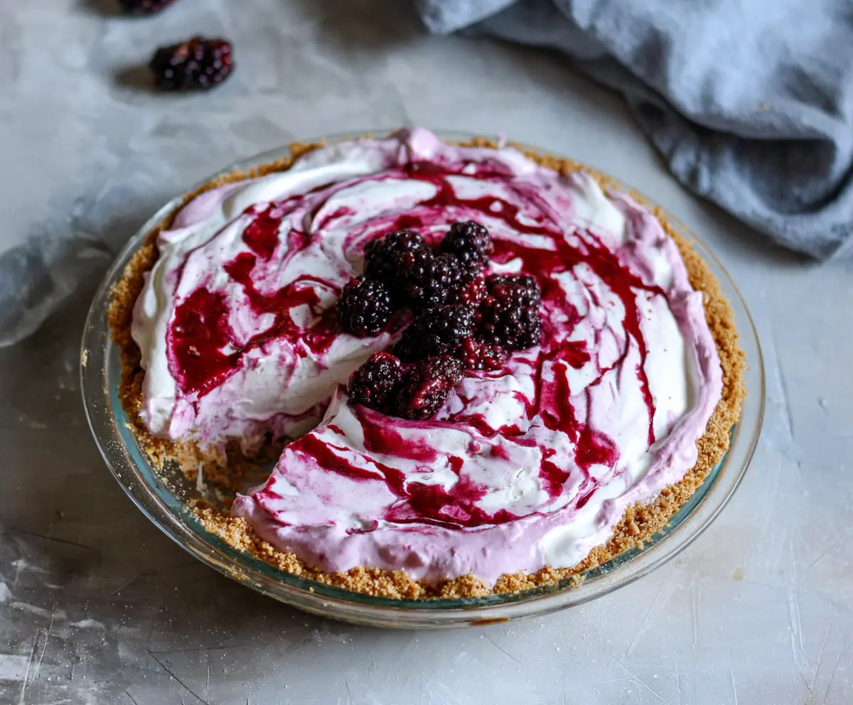 Delicious homemade Blackberry Ice Cream Pie topped with fresh blackberries and mint.