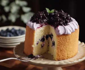 Delicious homemade Blueberry Chiffon Cake with fresh blueberries and light, airy texture