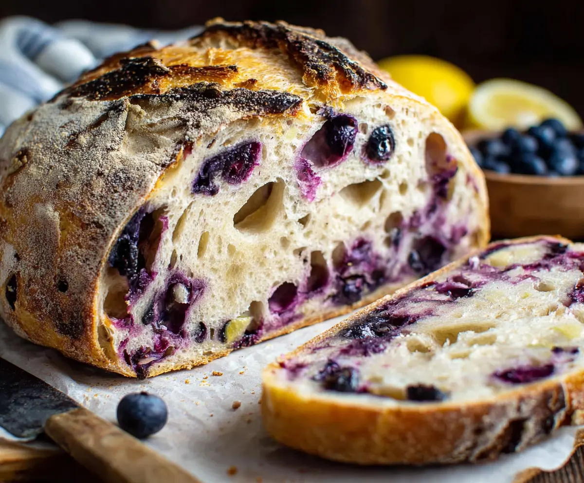 Freshly baked blueberry lemon sourdough bread with a golden crust and vibrant blueberries.