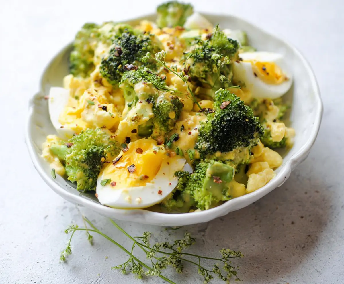 Fresh broccoli and boiled eggs in a healthy broccoli egg salad bowl.