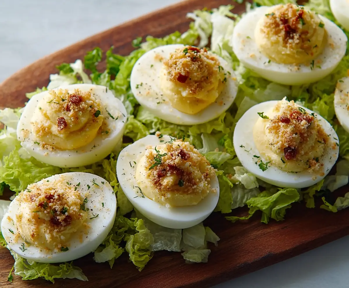 Delicious Caesar Deviled Eggs garnished with fresh herbs on a white plate
