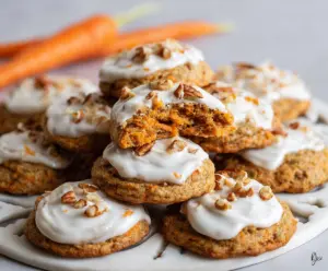 Delicious homemade carrot cake cookies with cream cheese frosting, perfect for dessert or snacking.