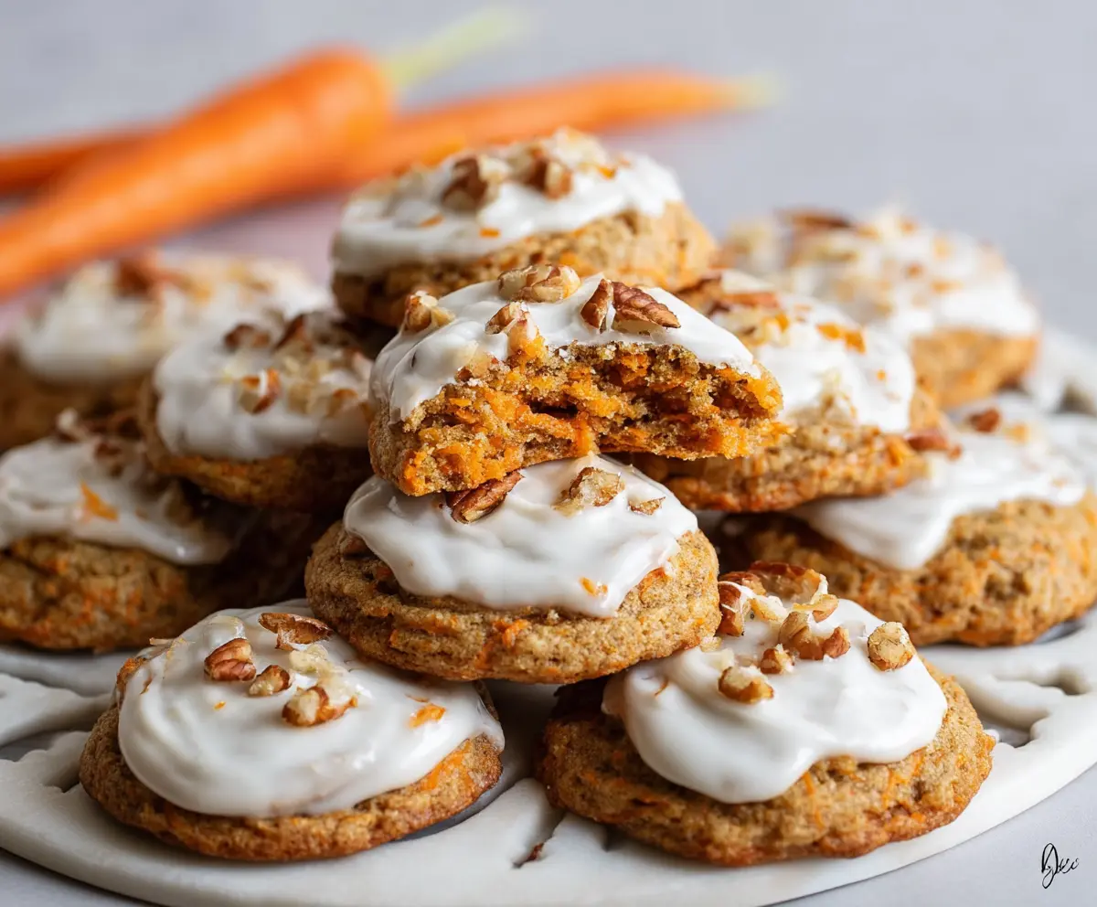 Delicious homemade carrot cake cookies with cream cheese frosting, perfect for dessert or snacking.