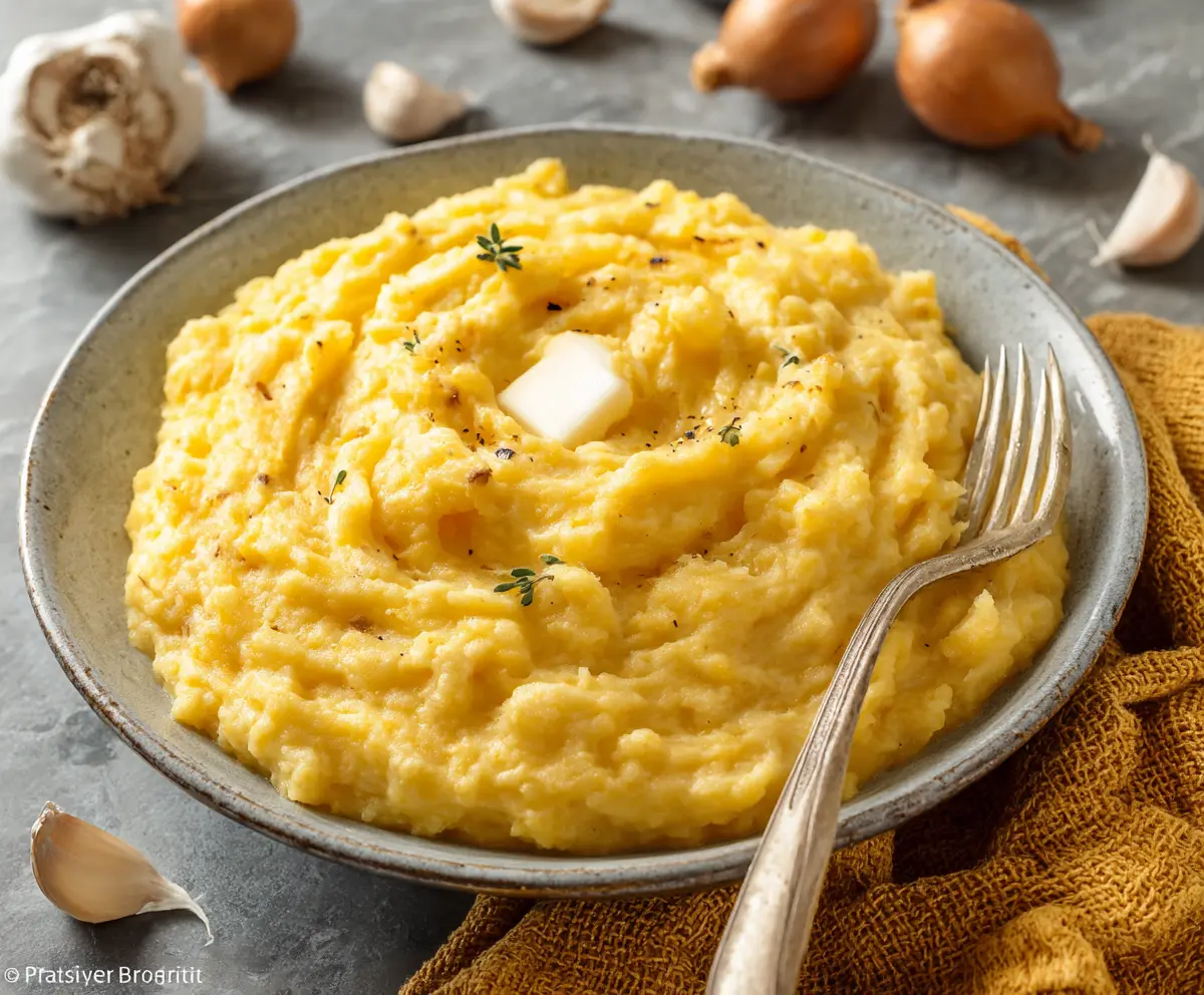 Creamy cheddar garlic mashed potatoes served in a rustic bowl, perfect for comfort food lovers.