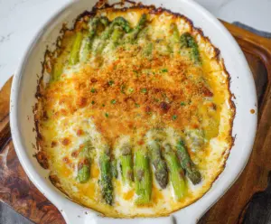 Delicious Cheesy Asparagus Bake with golden melted cheese and fresh green asparagus.