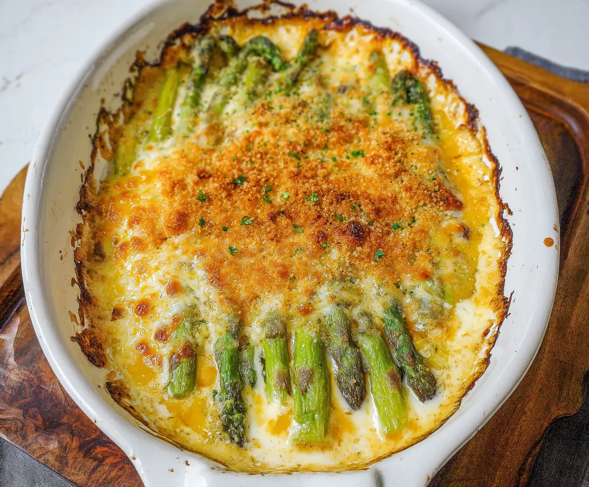 Delicious Cheesy Asparagus Bake with golden melted cheese and fresh green asparagus.