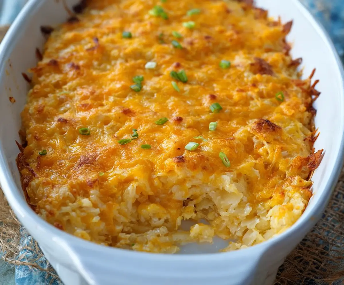 Delicious cheesy hashbrown potato casserole topped with melted cheese and crispy hashbrowns, perfect for a comforting meal.