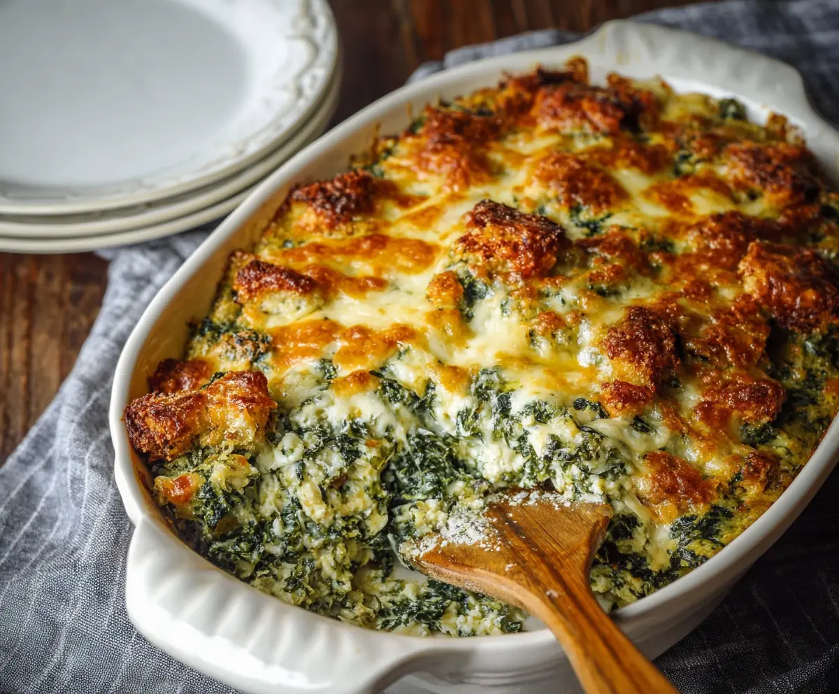 Delicious Cheesy Italian Spinach Bake served on a white plate with melted cheese and fresh spinach.