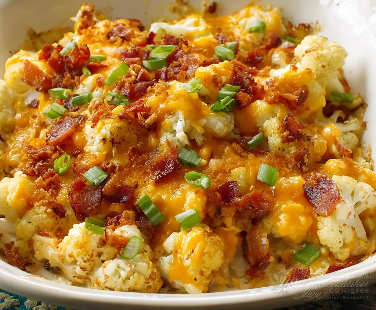 Delicious cheesy loaded cauliflower casserole topped with bacon and melted cheese, perfect for a healthy crowd-pleaser.