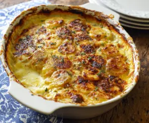Delicious cheesy potato gratin casserole with golden crust and melted cheese, perfect for dinner favorites.