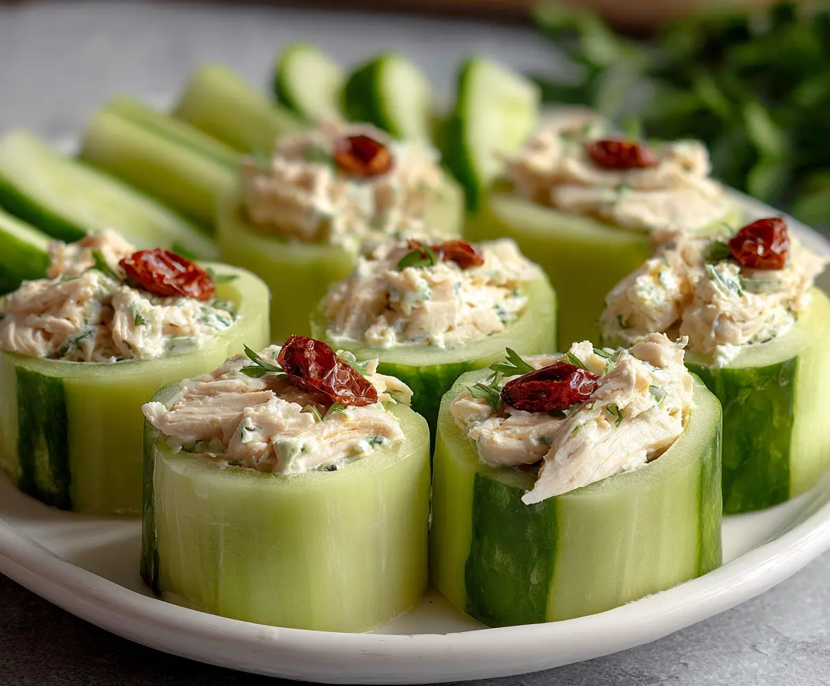 Delicious chicken salad cucumber roll ups served as a healthy appetizer or snack.