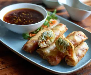 Golden crispy chicken spring rolls with fresh vegetables and herbs, served with dipping sauce.