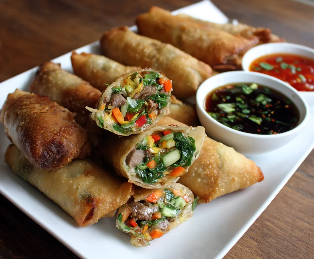 Crispy Chinese spring rolls filled with vegetables and served with dipping sauce.