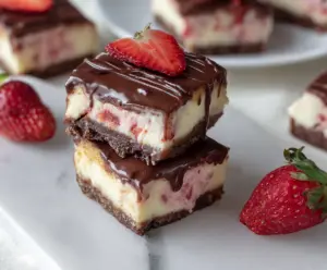 Delicious Chocolate-covered Strawberry Donut Cheesecake Bars with vibrant red strawberries and rich chocolate coating.