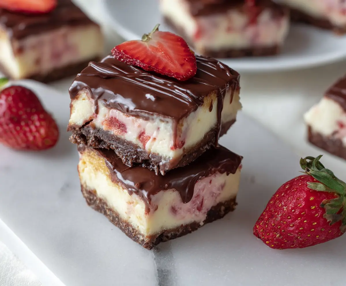 Delicious Chocolate-covered Strawberry Donut Cheesecake Bars with vibrant red strawberries and rich chocolate coating.