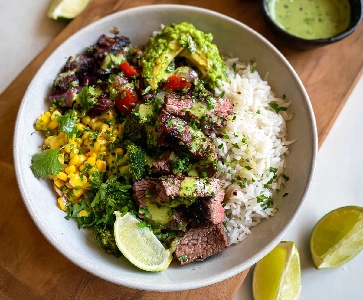 Delicious cilantro lime steak served over rice in a vibrant bowl, perfect for a flavorful meal.