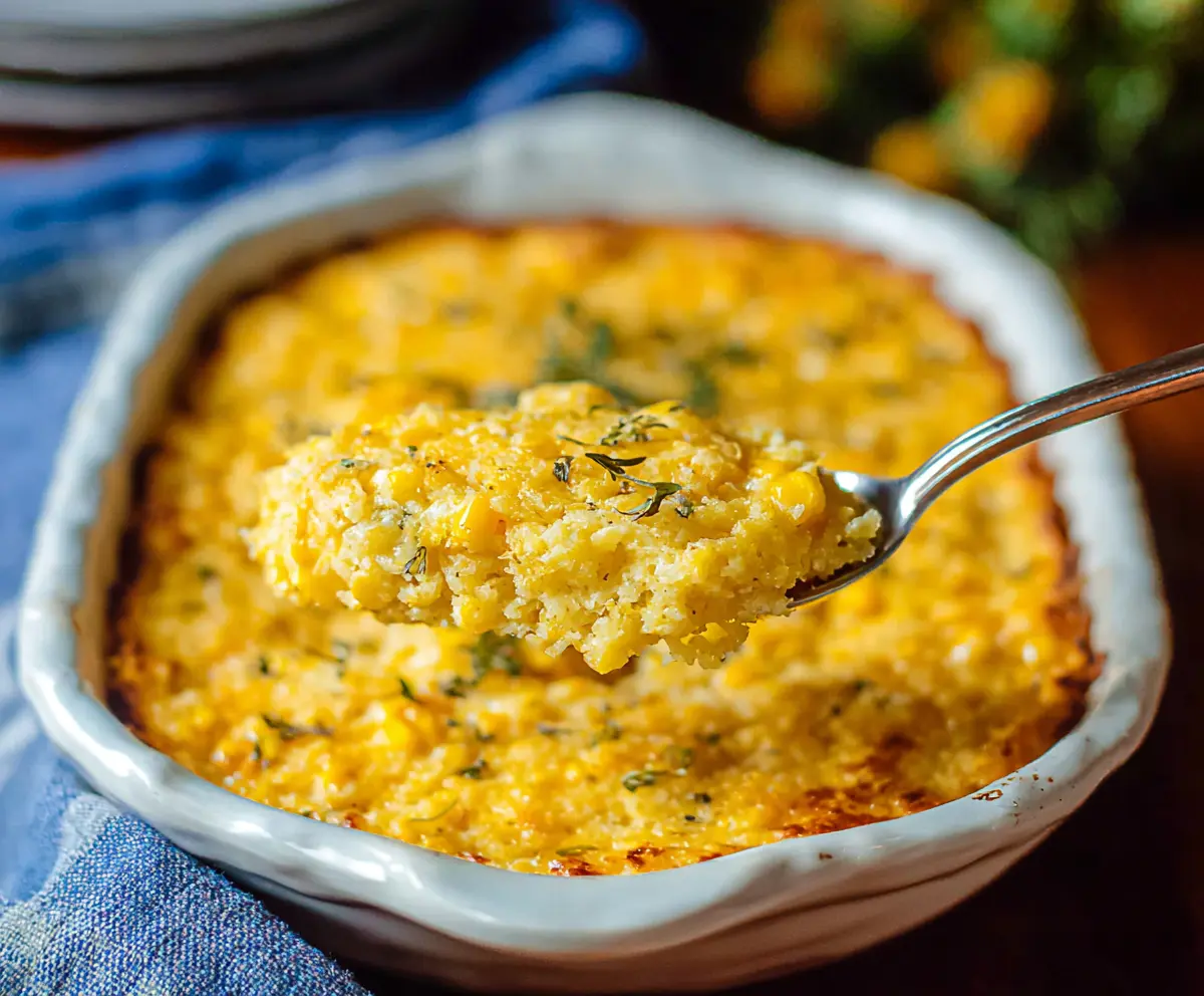 Delicious homemade Corn Casserole topped with golden crust and fresh herbs