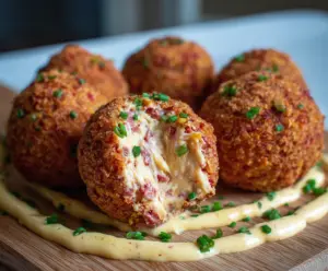 Delicious homemade corned beef and cheese balls on a plate, perfect for appetizers or snacks.