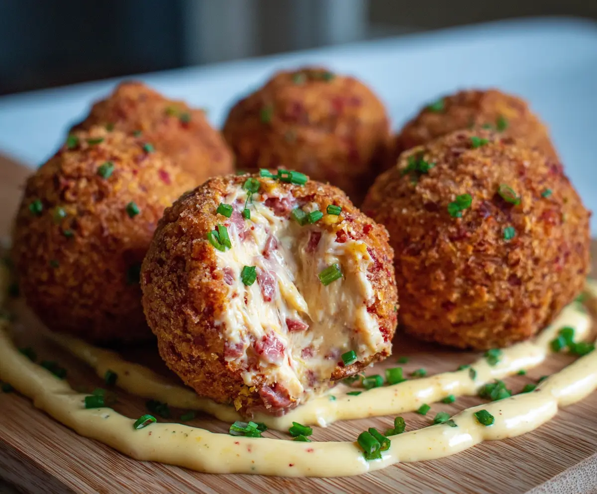 Delicious homemade corned beef and cheese balls on a plate, perfect for appetizers or snacks.