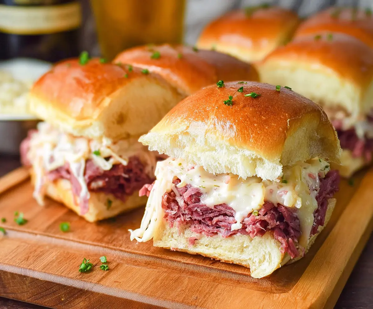 Delicious corned beef sliders with melted cheese and fresh buns, perfect for parties and gatherings.