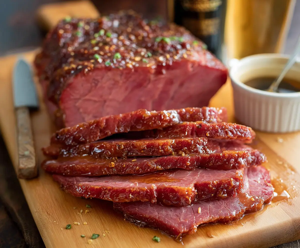 Delicious corned beef with a glossy beer glaze served on a plate.